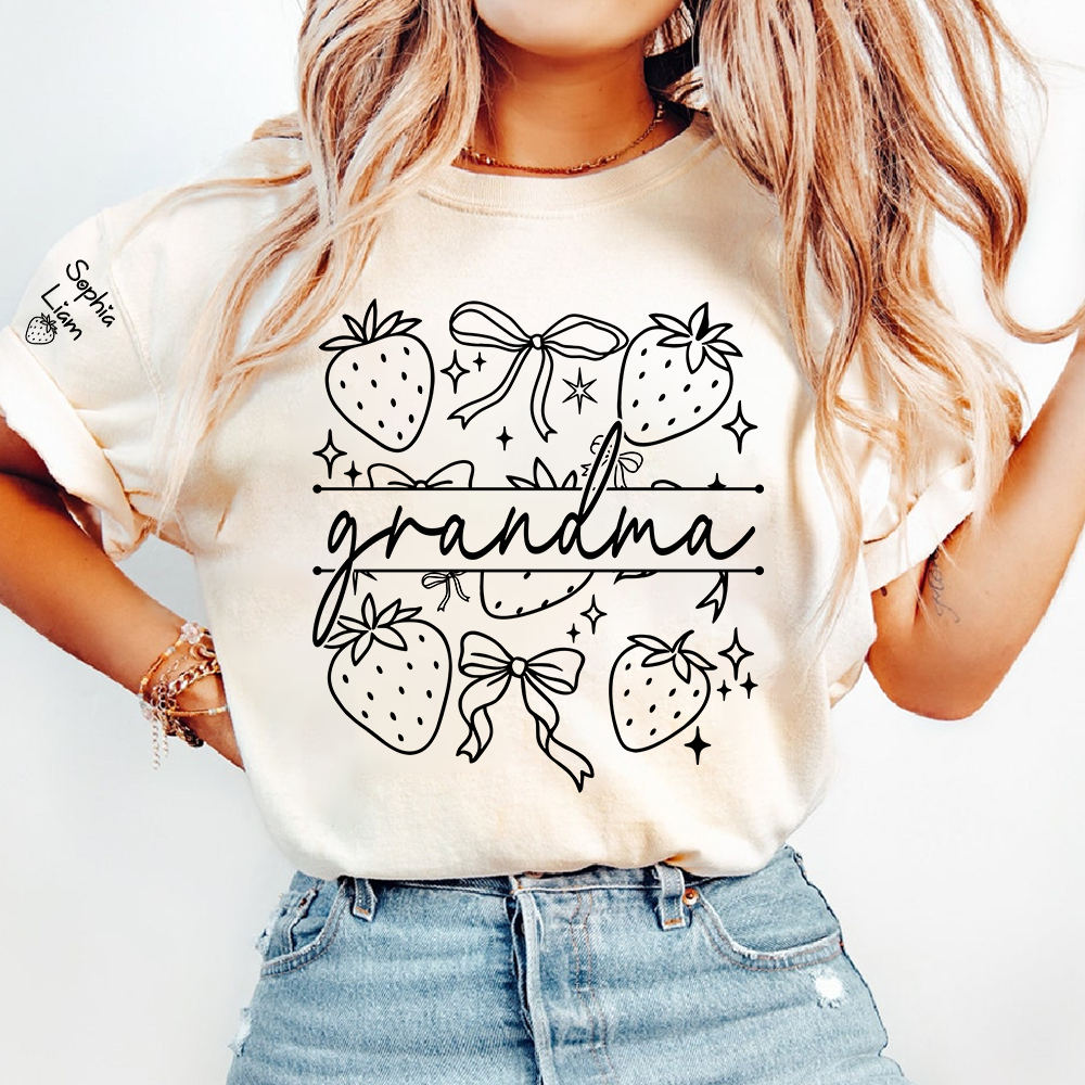 Custom Grandma Tee with Children’s Names, Strawberry Bow Shirt, Perfect Gift for Mom Nana Holidays