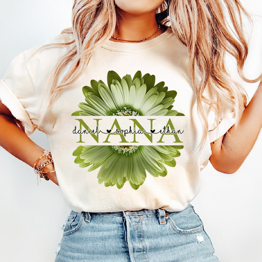 Custom Nana Shirt with Large Green Flower – Personalized Grandma Gift Featuring Grandkids Names