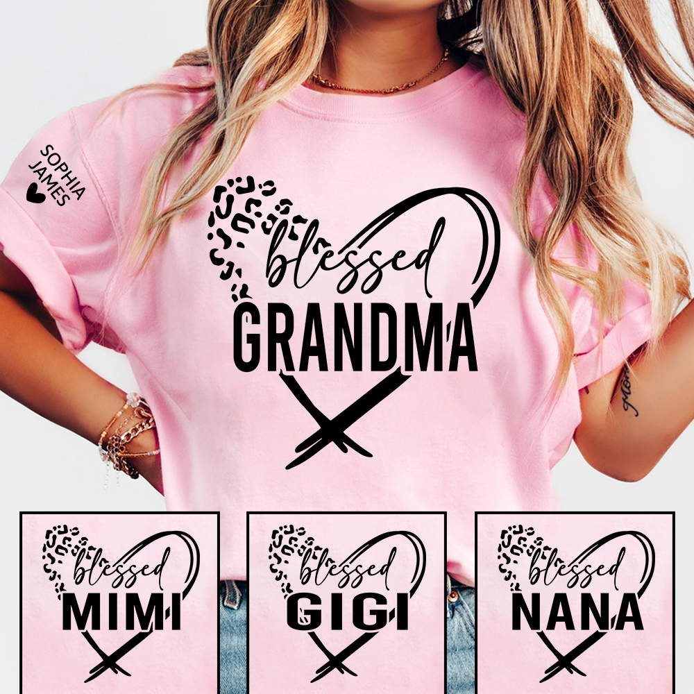 Blessed Grandma Shirt, Leopard Print Heart Design T-Shirt, Custom Grandma Apparel for Her, Sentimental Family Gift