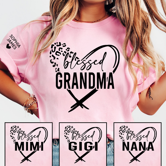 Blessed Grandma Shirt, Leopard Print Heart Design T-Shirt, Custom Grandma Apparel for Her, Sentimental Family Gift