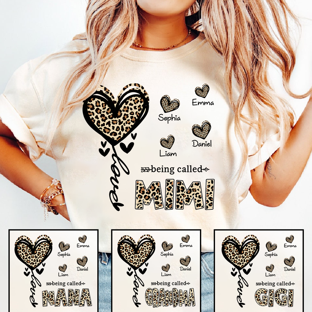 Personalized Mimi Grandma Shirt with Grandkids Names, Leopard Heart Being Called Mimi T-Shirt