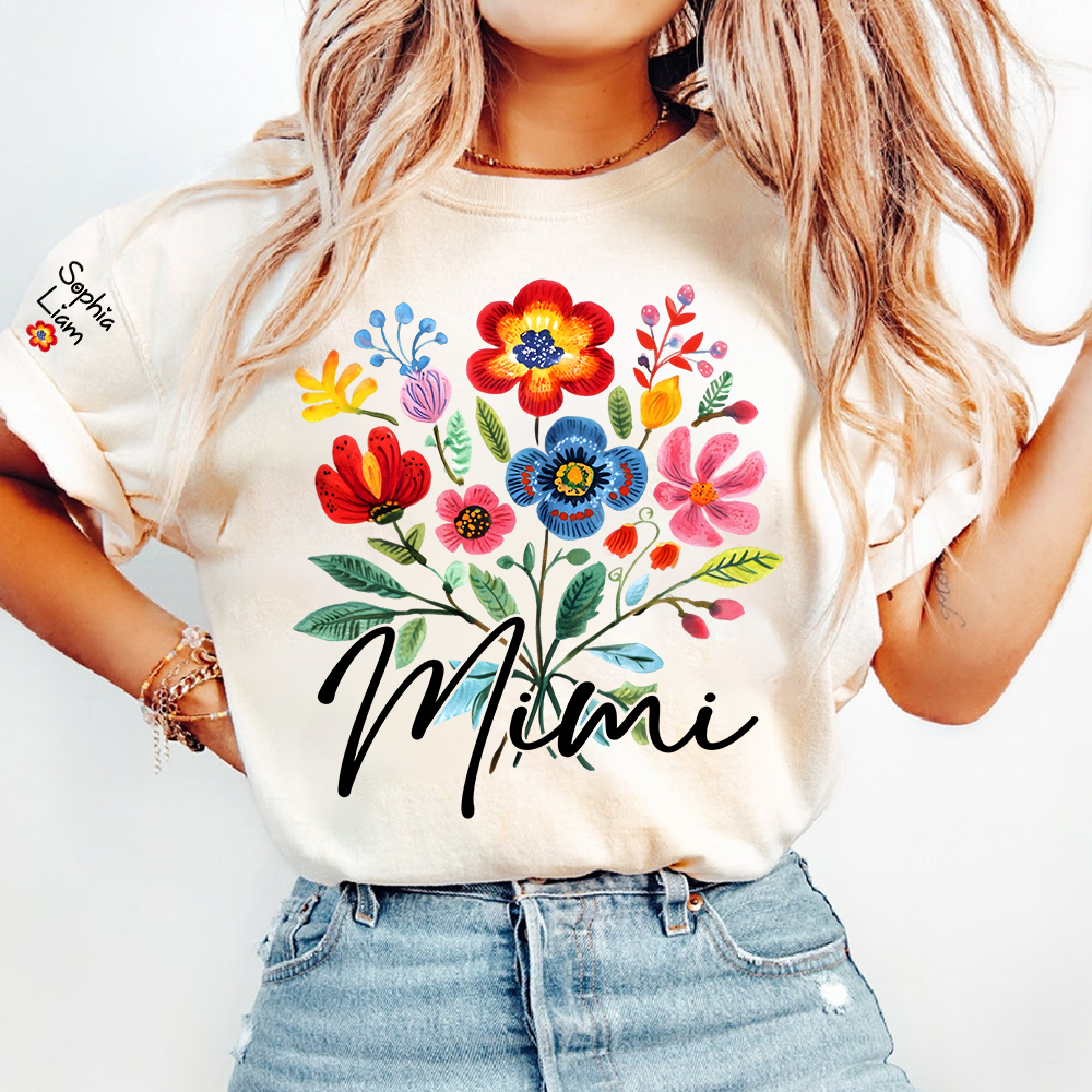 Personalized MimiI Floral T Shirt, Custom Family Names with Vibrant Flower Design, Perfect Gift for Mimi Cinco de mayo