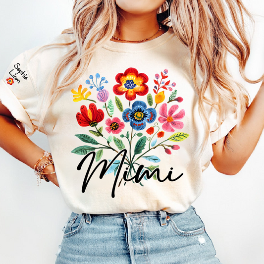 Personalized MimiI Floral T Shirt, Custom Family Names with Vibrant Flower Design, Perfect Gift for Mimi Cinco de mayo