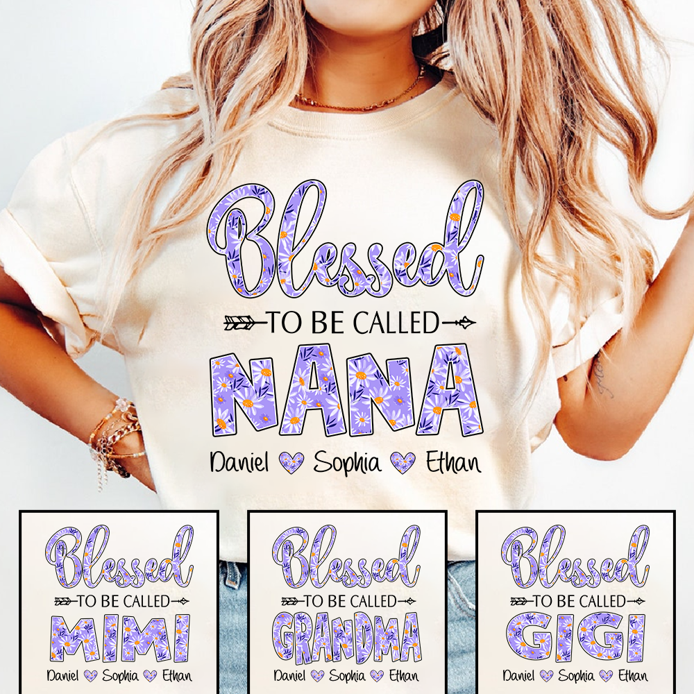 Blessed to Be Called Nana Shirt, Personalized Grandma T Shirt with Grandkids Names, Purple Floral Design