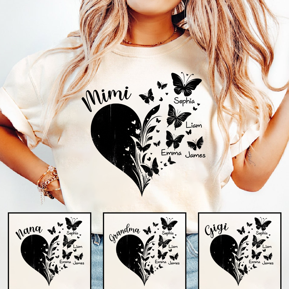 Mimi Butterfly Heart Shirt with Kids Names, Personalized Mimi Grandma T-Shirt Gift for Her