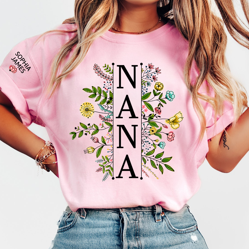 Custom Nana T Shirt with Colorful Floral Artwork, Personalized Gift for Grandma Featuring Kids Names