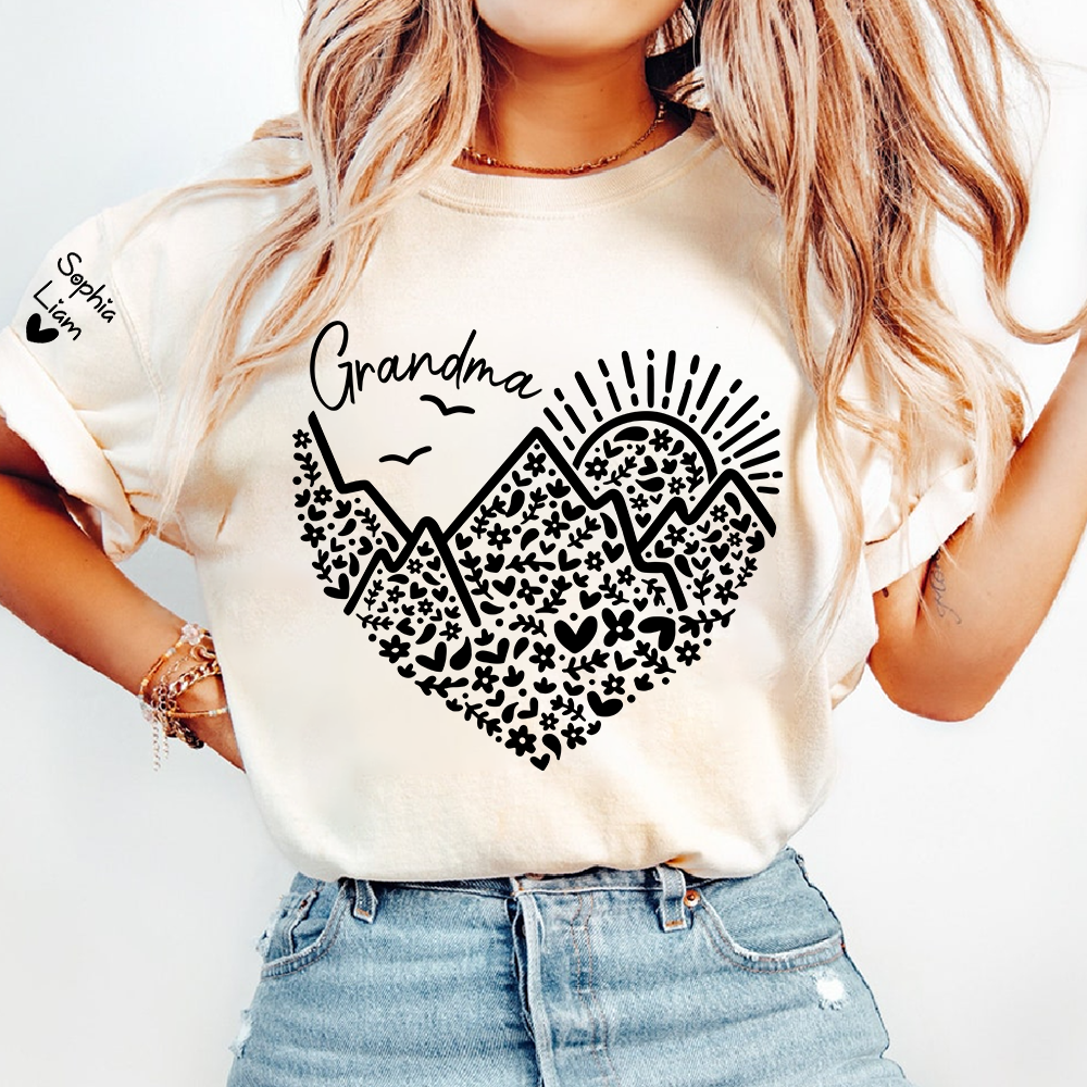 Personalized Grandma Mountain Heart Shirt, Custom Grandma T Shirt with Kids Names on Sleeve, Floral Family Gift for Women