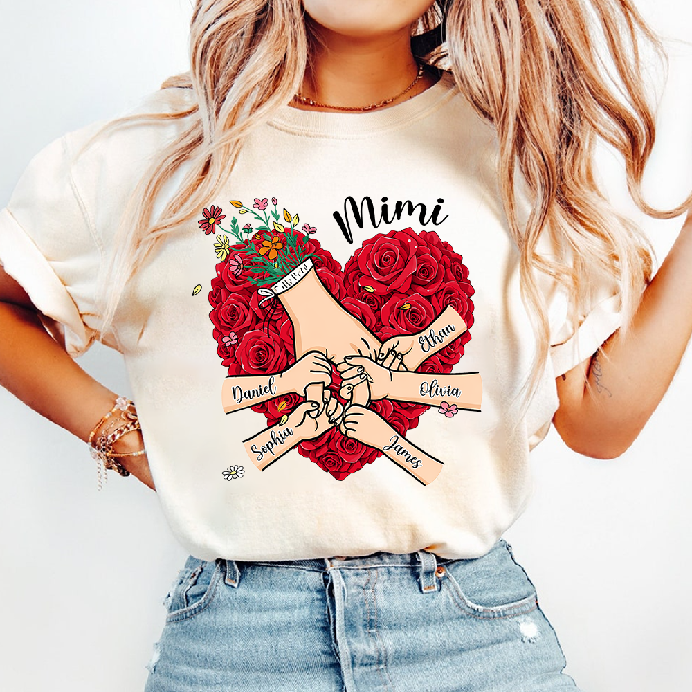 Mimi Heart Shirt, Custom Floral Handprint Family Shirt, Personalized Grandkids Names Tee, Special Gift for Mimi