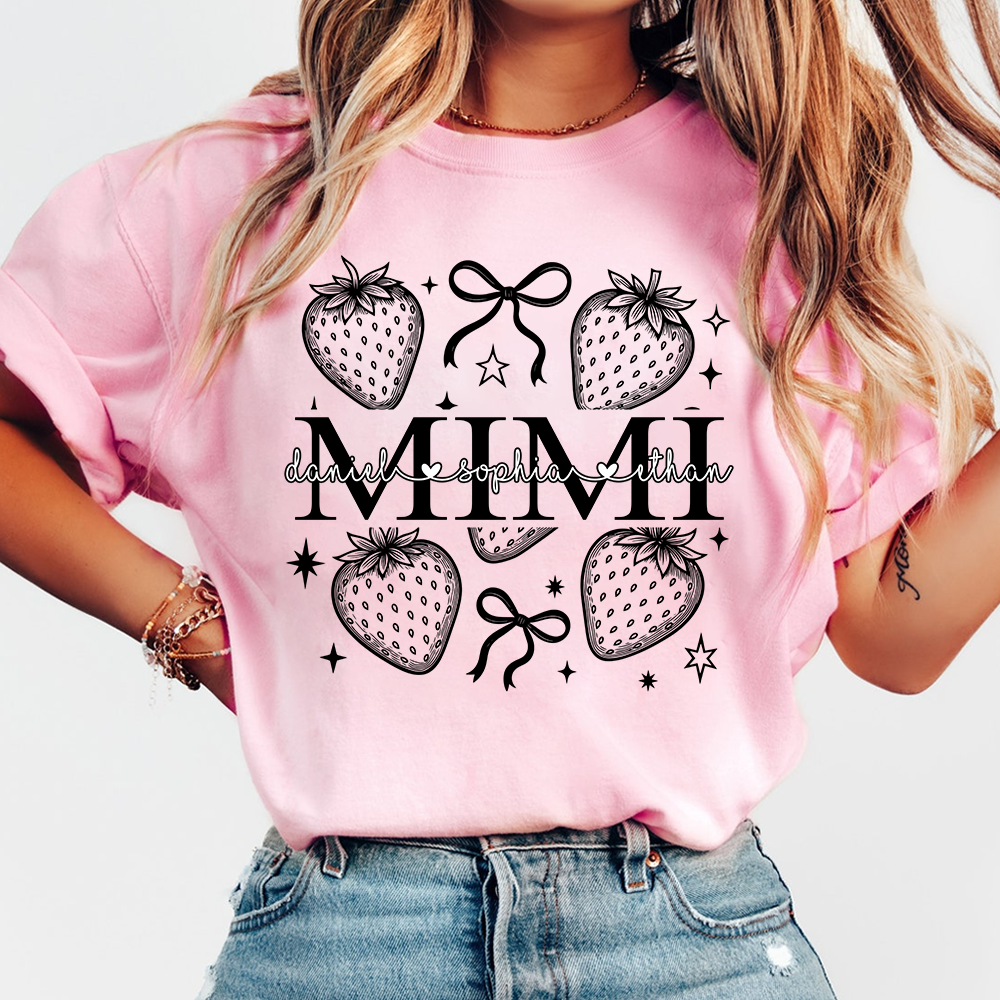 Personalized Mimi Strawberry Shirt, Custom Grandkids Names Floral Bow T-Shirt, Cute Grandma Gift, Summer Fruit Apparel