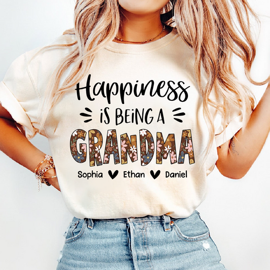 Happiness Is Being a Grandma Shirt, Floral Pattern Grandma Tee, Personalized Name Gift for Grandma