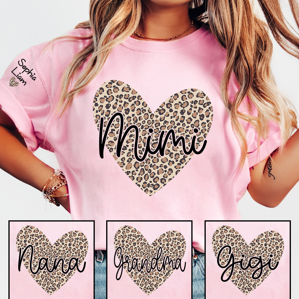 Mimi Leopard Heart Shirt for Women, Cute Mimi Grandma T-Shirt with Animal Print Heart Design