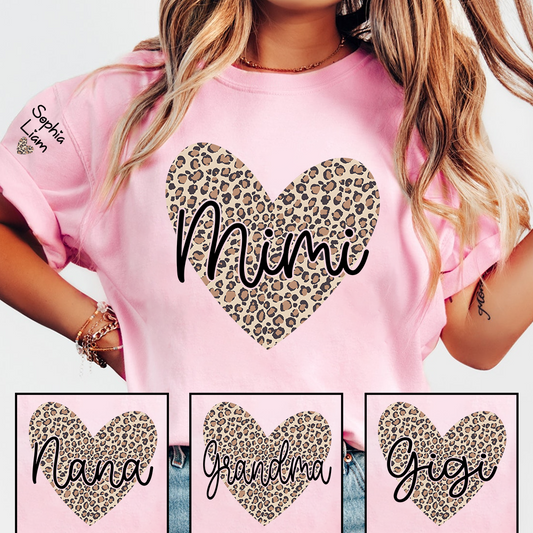 Mimi Leopard Heart Shirt for Women, Cute Mimi Grandma T-Shirt with Animal Print Heart Design
