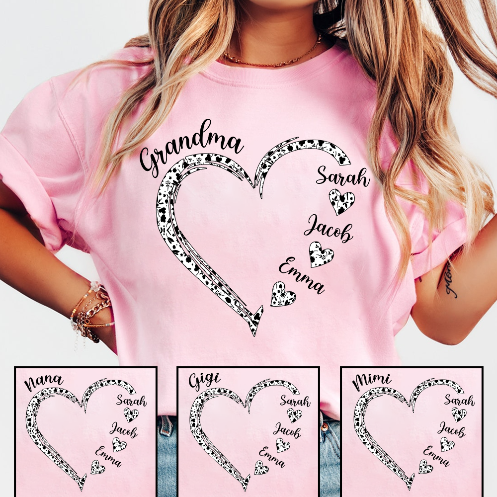Personalized Grandma Shirt with Grandkids Names, Custom Heart Grandma T Shirt Gift