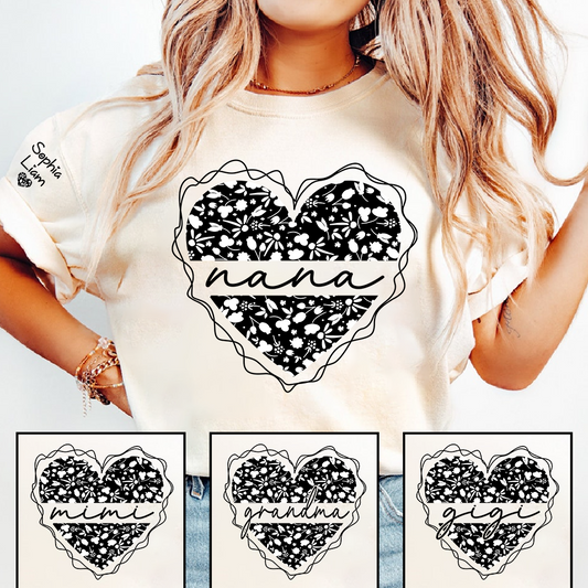 Nana Floral Heart Shirt for Women, Cute Grandma Nana T-Shirt with Vintage Flower Heart Design Gift for Her