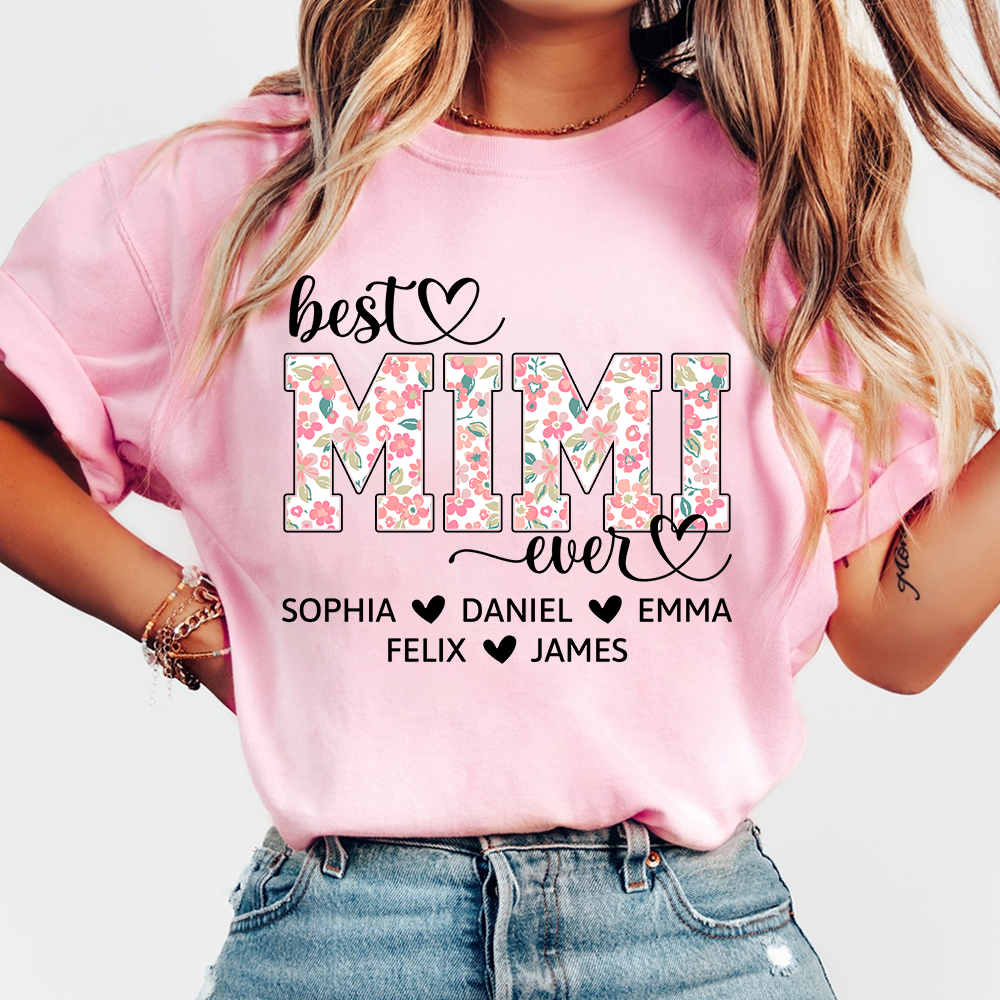 Best Mimi Ever Personalized T Shirt, Custom Floral Design with Grandkids Names