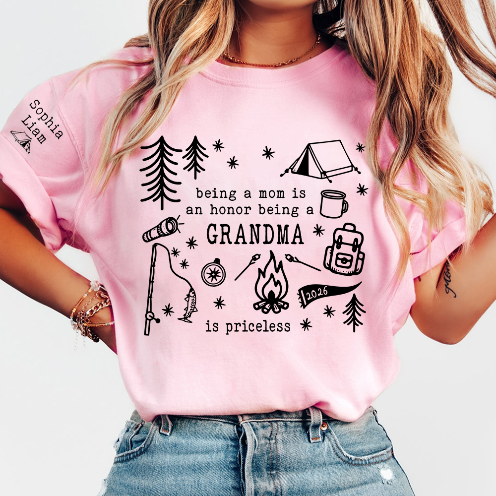 Personalized Camping Grandma Shirt, Custom Grandkids Names Sleeve Tee, Being a Mom Is an Honor Being a Grandma Is Priceless