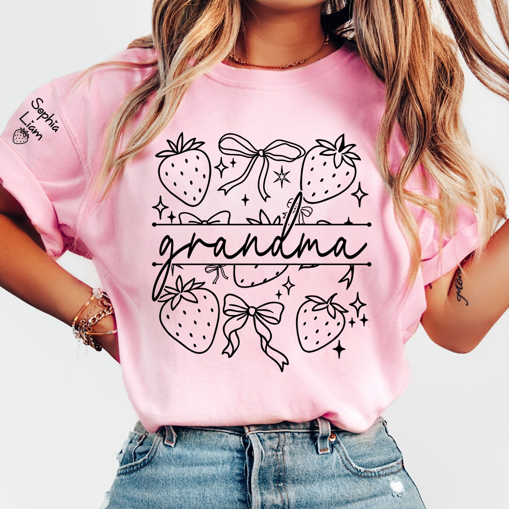 Custom Grandma Tee with Children’s Names, Strawberry Bow Shirt, Perfect Gift for Mom Nana Holidays