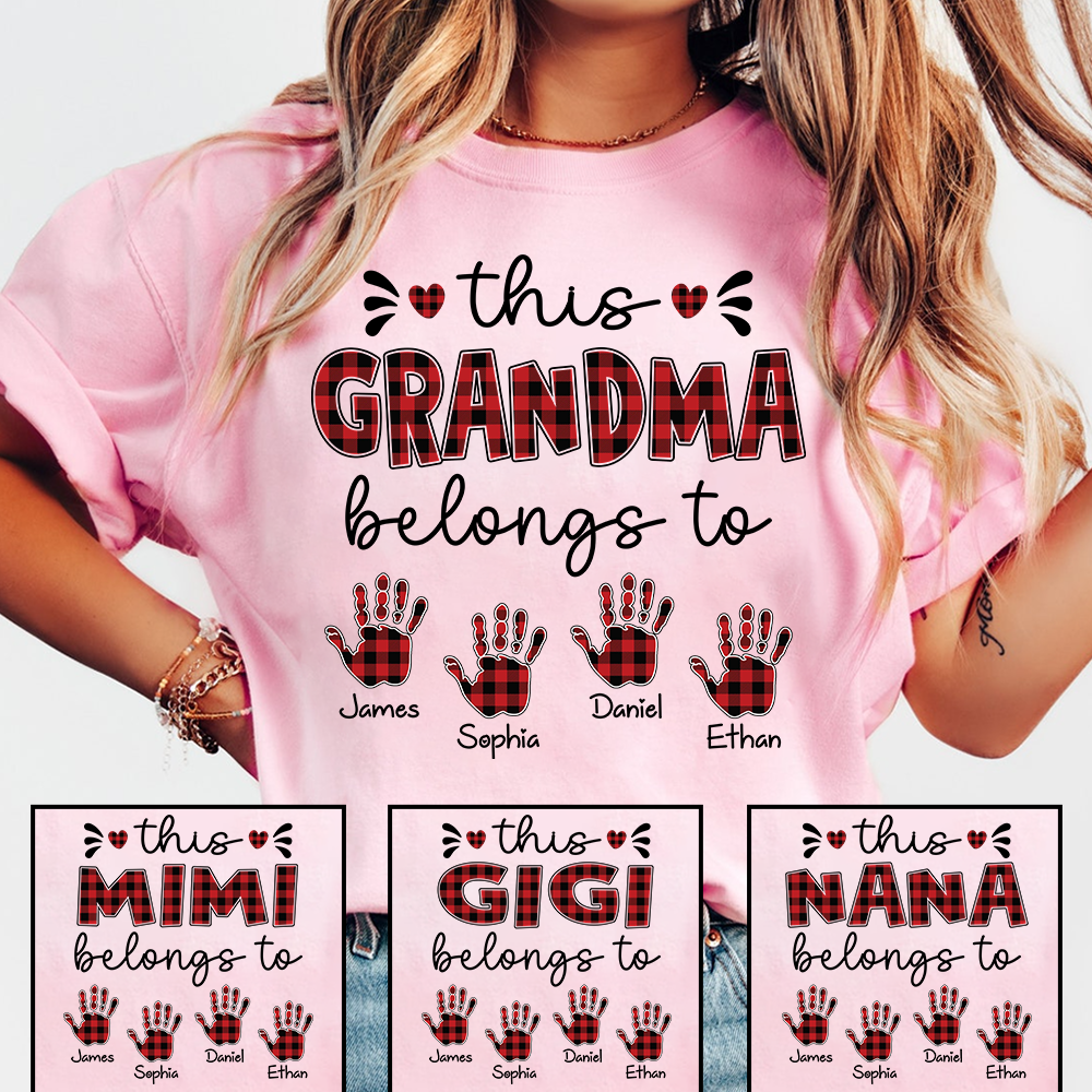 This Grandma Belongs To Tee, Custom Grandma Shirt with Grandkids Names, Red Plaid Handprint Gift, Meaningful Family Apparel