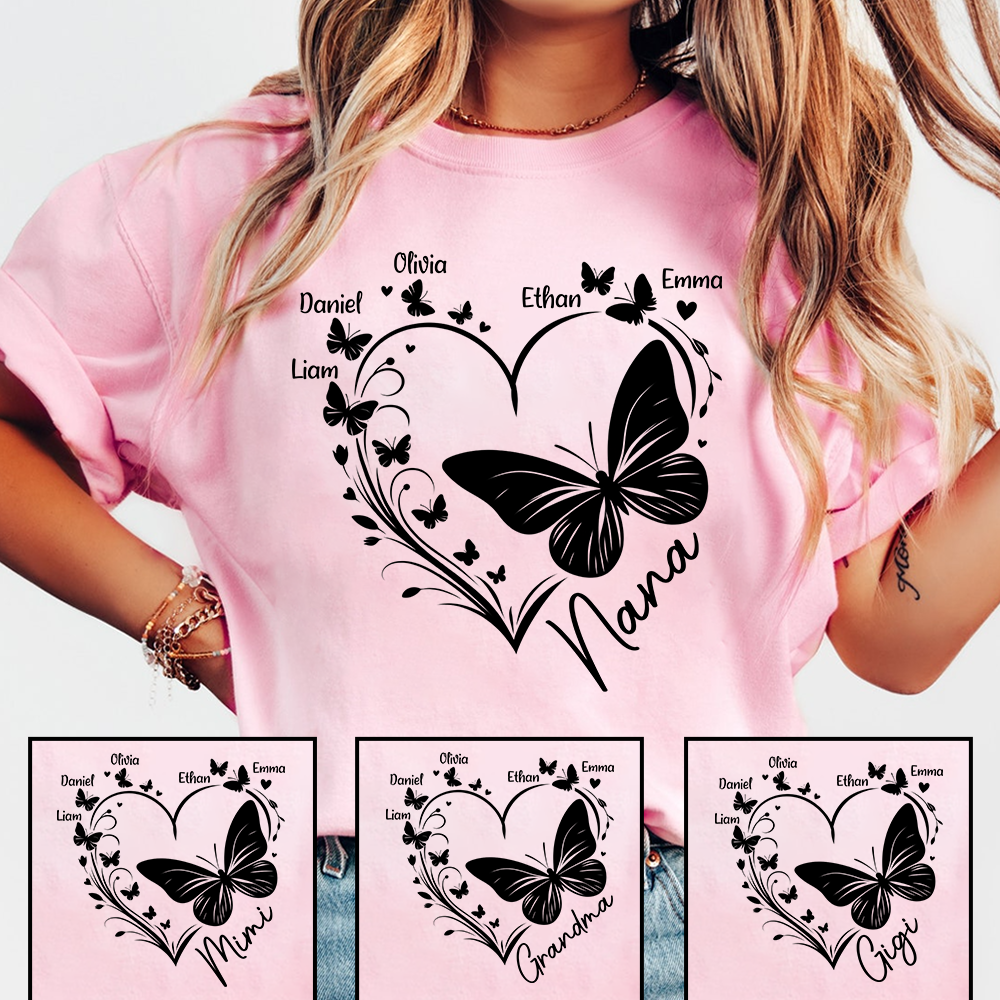 Nana Butterfly Heart Shirt with Kids Names, Personalized Nana Grandma T-Shirt Gift for Her