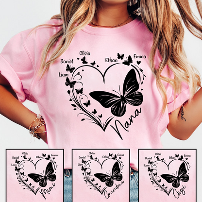 Nana Butterfly Heart Shirt with Kids Names, Personalized Nana Grandma T-Shirt Gift for Her