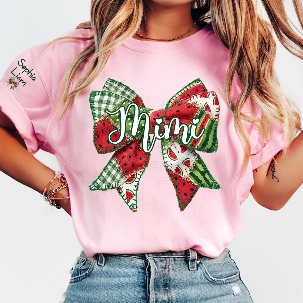 Personalized Mimi Watermelon Bow Shirt, Custom Grandma T Shirt with Grandkids Names, Summer Family Tee for Nana Gigi Mimi