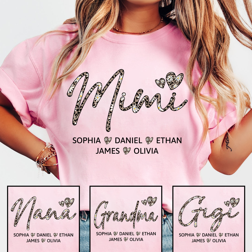 Personalized Mimi Shirt with Grandkids Names, Leopard Print Mimi Grandma T-Shirt Gift for Her