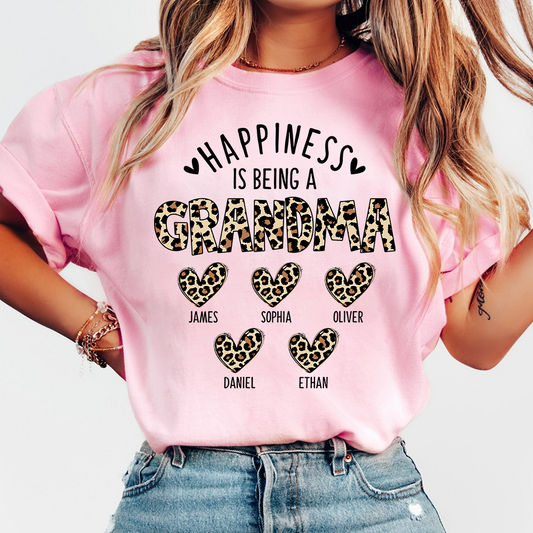 Happiness Is Being a Grandma Tee, Custom Grandma Shirt with Grandkids Names, Leopard Print Hearts Design