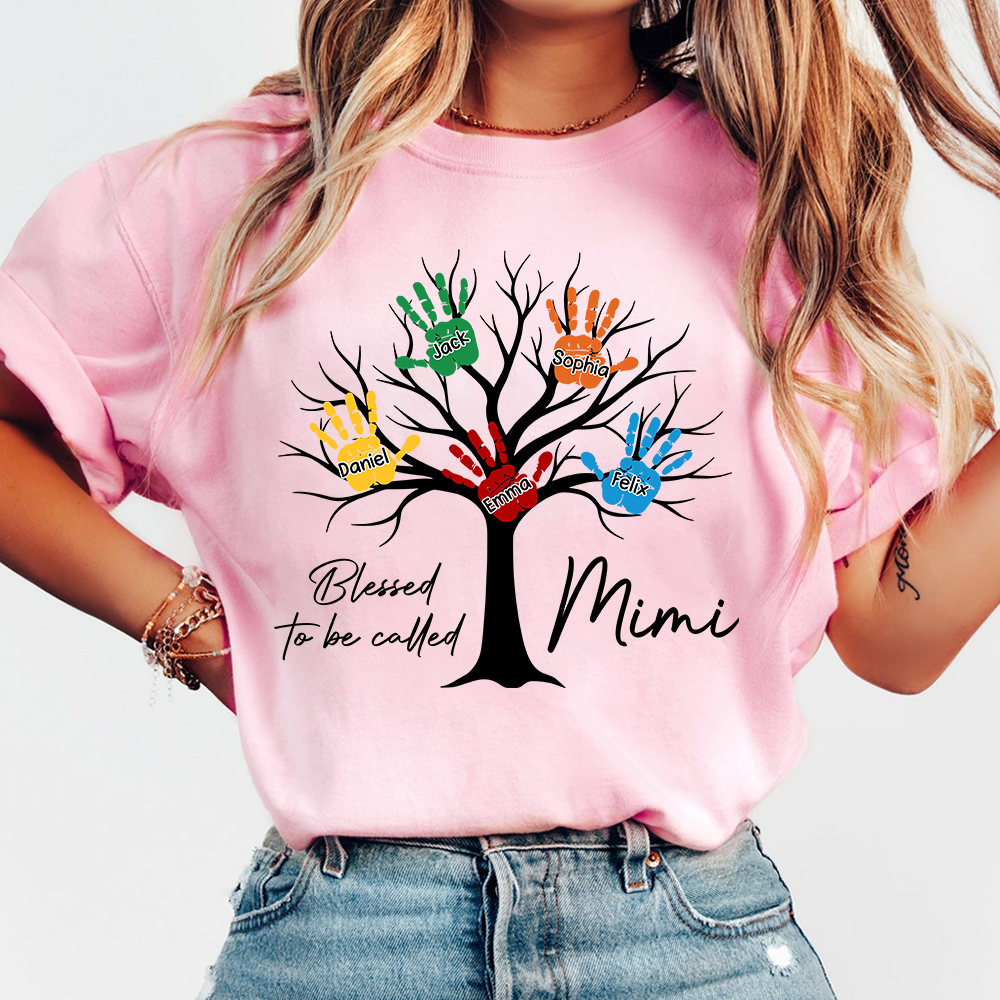 Personalized Mimi Shirt Blessed To Be Called Mimi Custom Grandkids Names Handprint Tree Grandma Gift