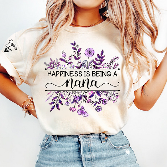 Happiness Is Being a Nana Shirt, Purple Floral Grandma Tee, Custom Nana Gift from Grandkids, Family Name Sleeve Shirt, Cute Grandma Outfit