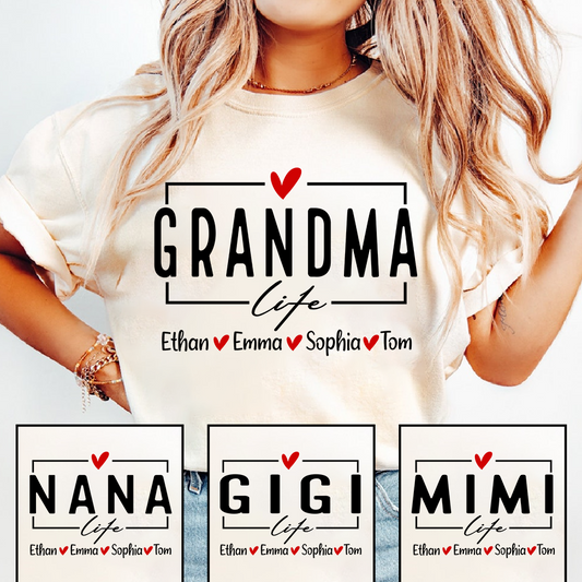 Grandma Life Shirt, Personalized Grandma T-Shirt with Kids' Names, Custom Family Apparel, Sentimental Gift for Grandmother