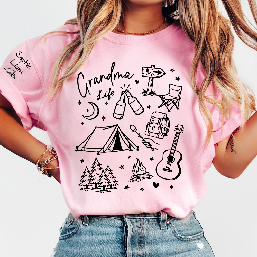Custom Grandma Life Shirt, Camping Gear and Adventure Icons, Personalized with Name, Outdoor Fun T Shirt for Grandma