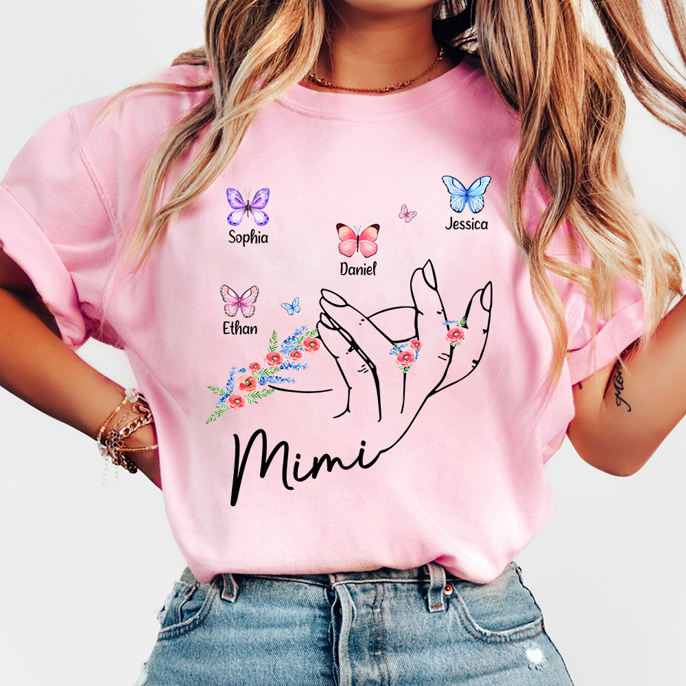 Personalized Mimi Shirt with Kids Names and Butterflies – Custom Grandma Gift with Hand Holding Design