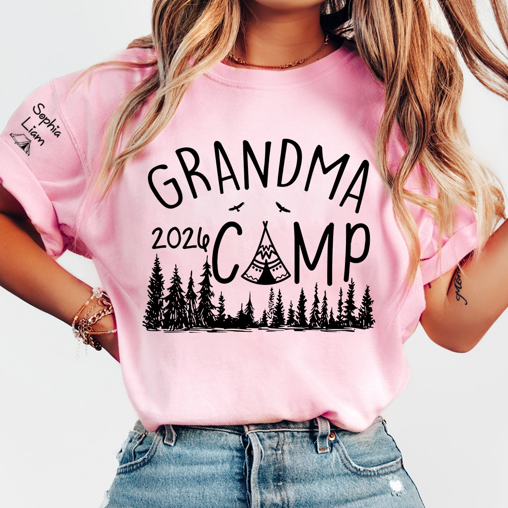Grandma Camp 2026 T-Shirt, Custom Grandma Camping Shirt with Names, Cute Outdoor Family Vacation Tee for Grandma