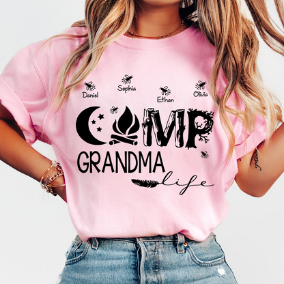 Personalized Camp Grandma Life Shirt, Custom Grandkids Names Camping T-Shirt, Outdoor Grandma Gift, Campfire Family Tee