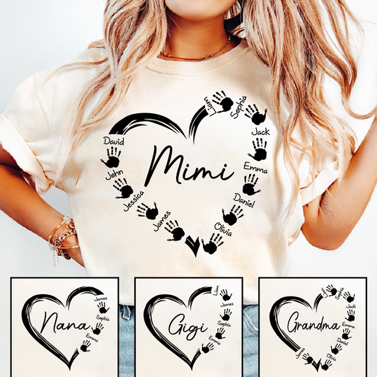 Personalized Mimi Shirt with Grandkids Names, Custom Handprint Heart Mimi T-Shirt for Grandma