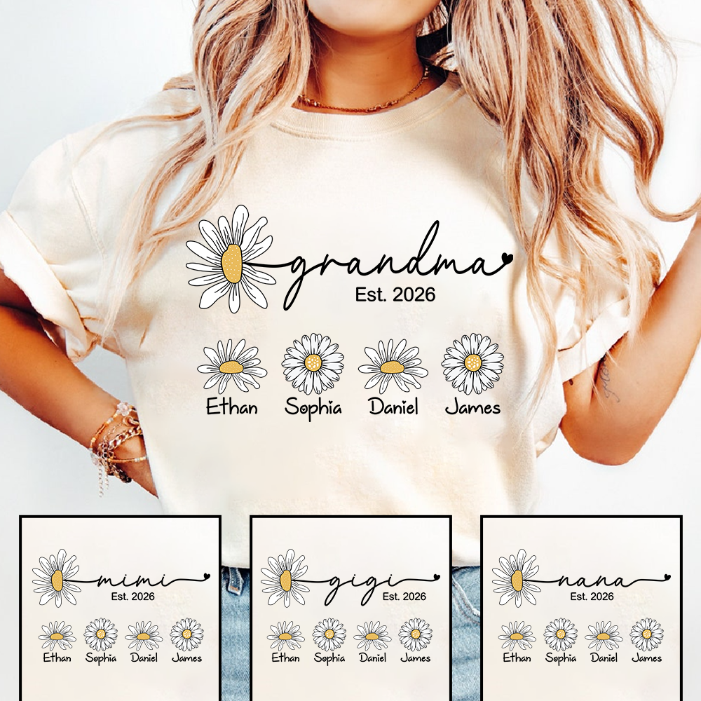 Personalized Grandma Est 2026 Shirt with Kids Names, Custom Daisy Flower T-Shirt for New Grandma, Family Gift Idea