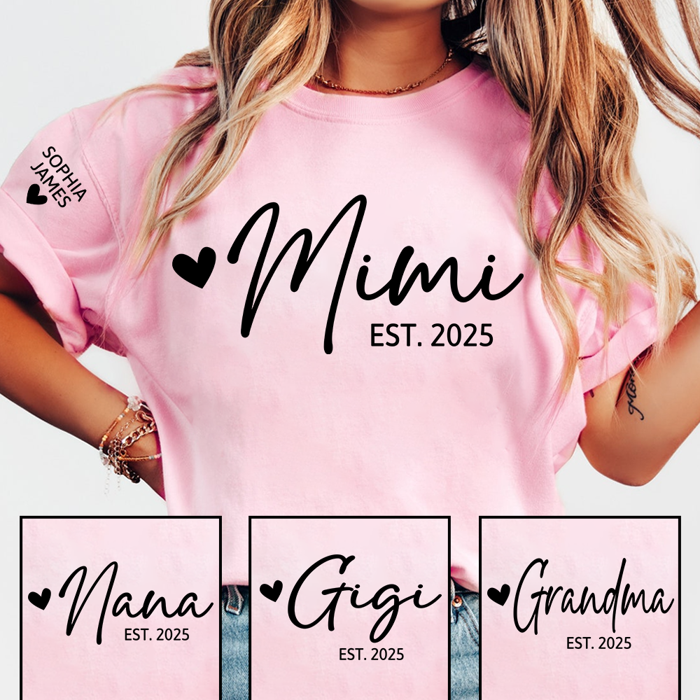 Mimi EST 2025 T-Shirt, Custom Grandma Shirt with Heart, Personalized Family Role Apparel for Her