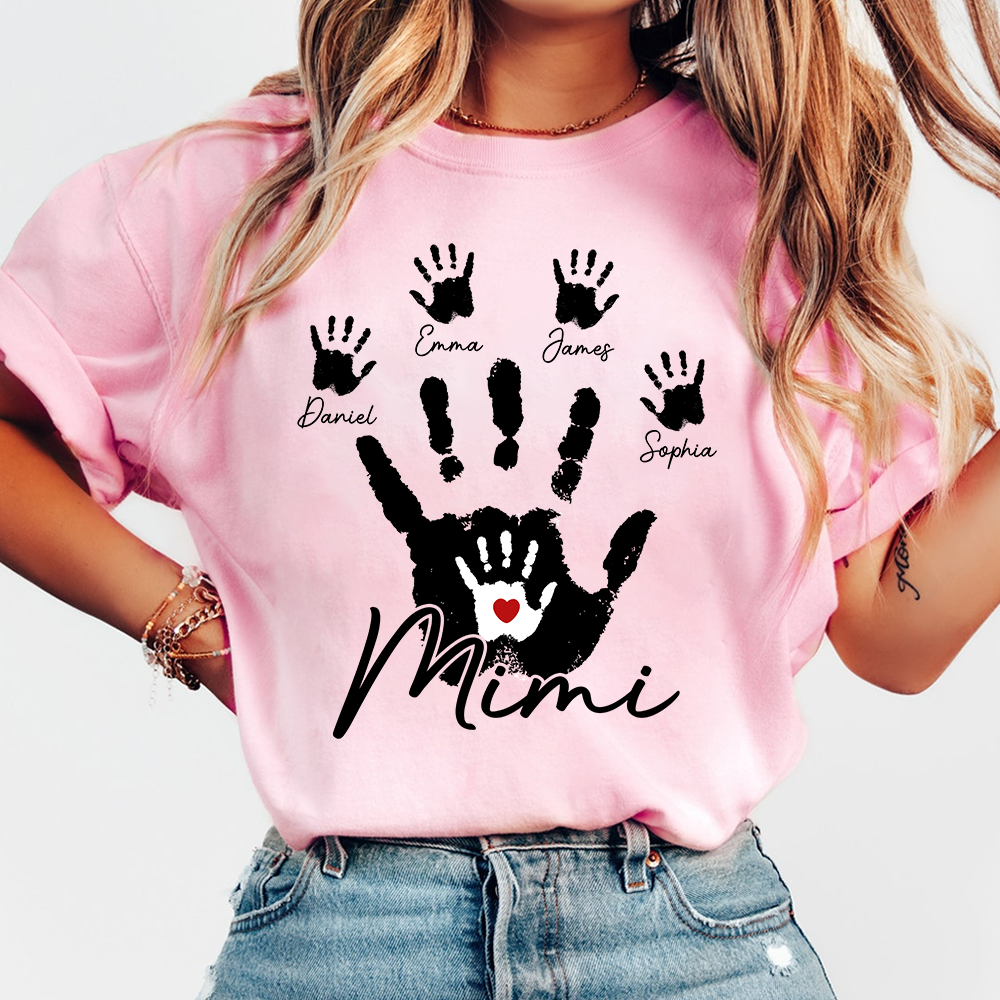Personalized Mimi Handprint Shirt Custom Grandkids Names T Shirt Mimi Gift from Grandchildren Family Handprint Design