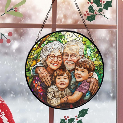 Custom Grandparents & Grandkids Portrait Faux Stained Glass, Custom Photo Family Window Hanging Ornament, Christmas Gift For Grandma, Grandpa