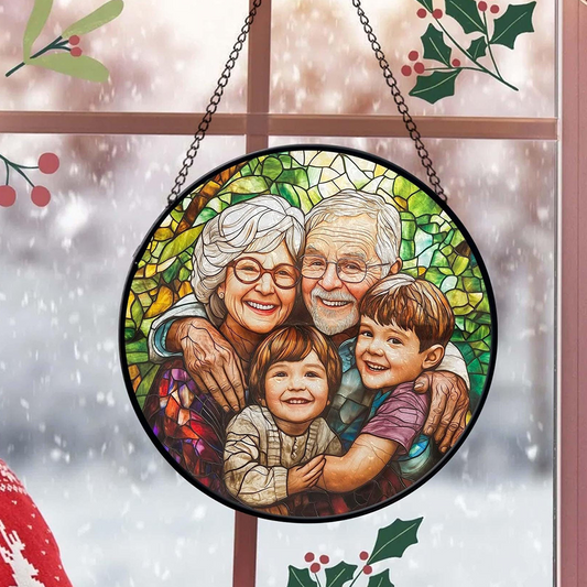 Custom Grandparents & Grandkids Portrait Faux Stained Glass, Custom Photo Family Window Hanging Ornament, Christmas Gift For Grandma, Grandpa