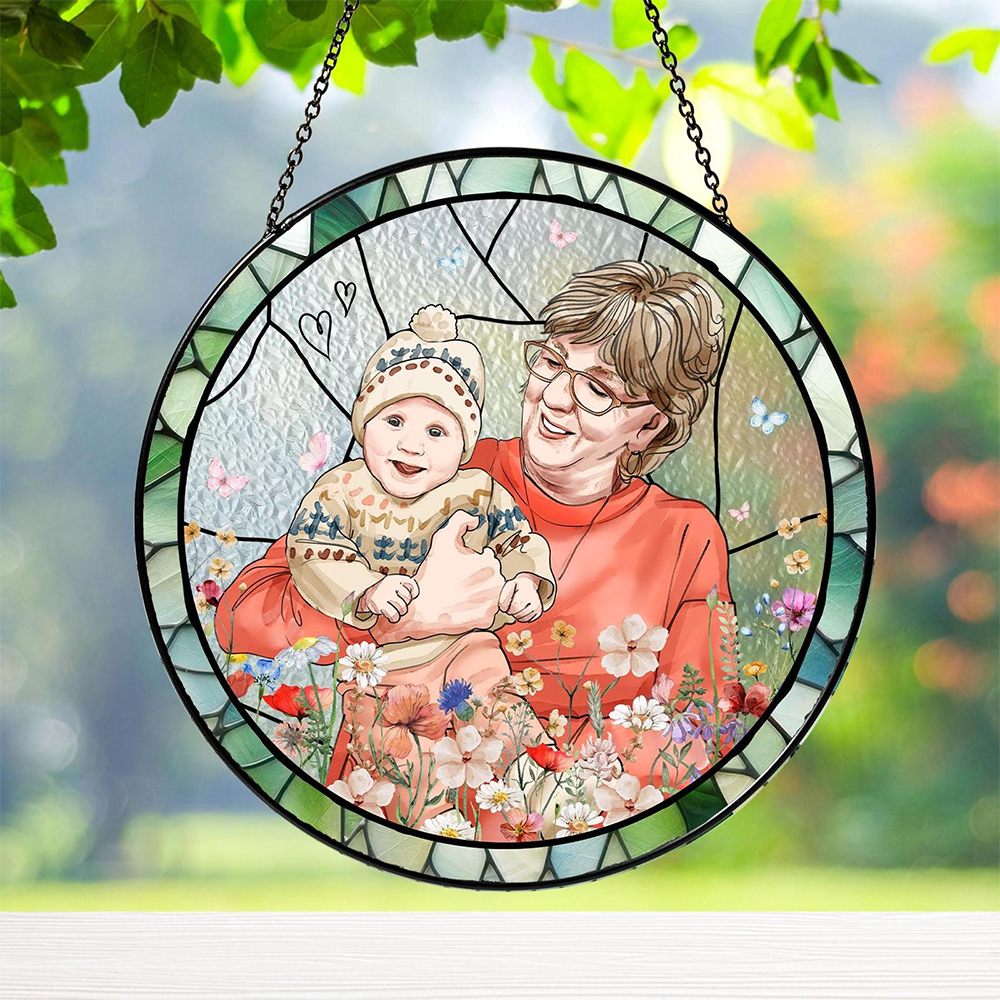 Personalized Grandma & Grandkids Stained Glass Portrait, Custom Family Glass Suncatcher