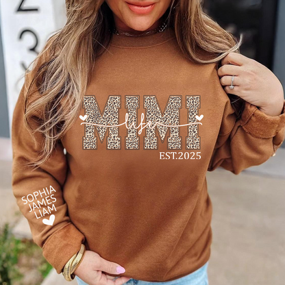 Mimi Life Leopard Sweatshirt, Personalized Grandma Est With Grandchildren Names