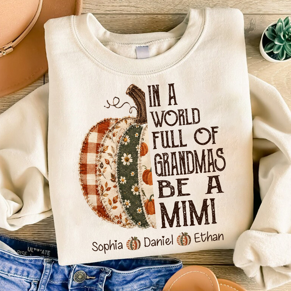 Personalized Mimi Pumpkin Shirt, Fall Floral Patchwork Grandma Tee, In a World Full of Grandmas Be a Mimi Gift Shirt