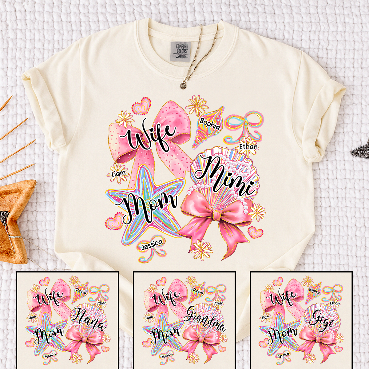 Comfort Colors Personalized Wife Mom Mimi Beach Shirt with Grandkids Names, Custom Grandma Coastal T Shirt for Women, Summer Family Vacation Gift