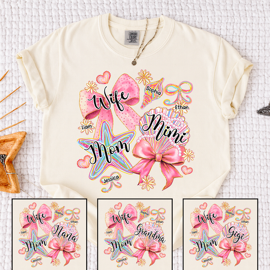 Comfort Colors Personalized Wife Mom Mimi Beach Shirt with Grandkids Names, Custom Grandma Coastal T Shirt for Women, Summer Family Vacation Gift