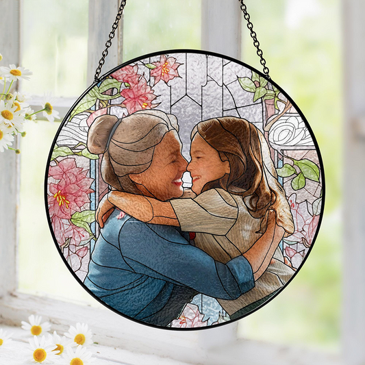 Personalized Grandma And Grandkid Stained Glass Suncatcher, Custom Photo Family Window Hanging Ornament, Birthday, Mother's Gift For Grandma