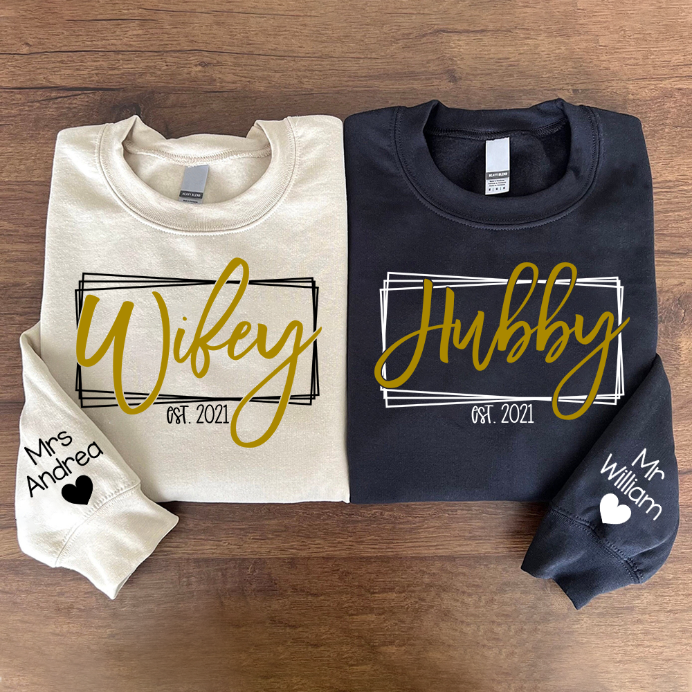 Wifey Hubby Custom Est Couple Sweatshirt, Gift For Fiance, Wedding Gift, Matching Couple Sweatshirt