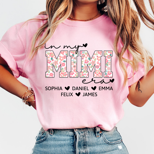 Custom In My Mimi Era Shirt, Personalized with Kids' Names and Floral Letters