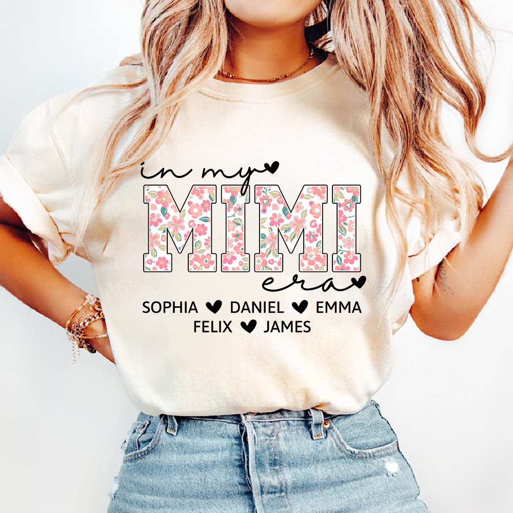 Custom In My Mimi Era Shirt, Personalized with Kids' Names and Floral Letters