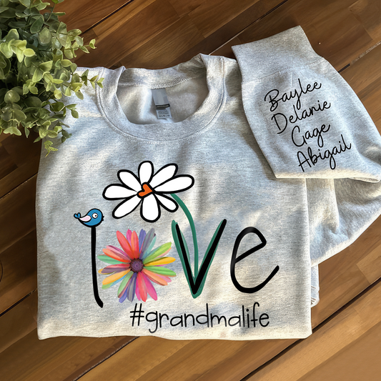 Flower Love Grandma Life Sweatshirt, Custom Nickname And Grandkids Xmas Sweatshirt